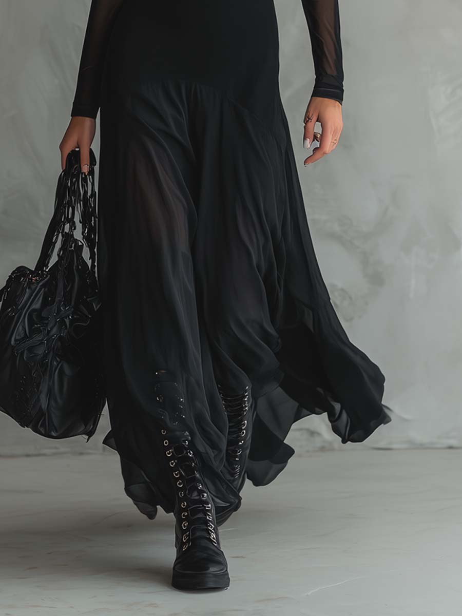 Vestido maxi con mangas transparentes de estilo retro