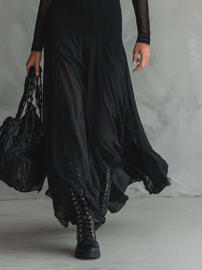 Vestido maxi con mangas transparentes de estilo retro