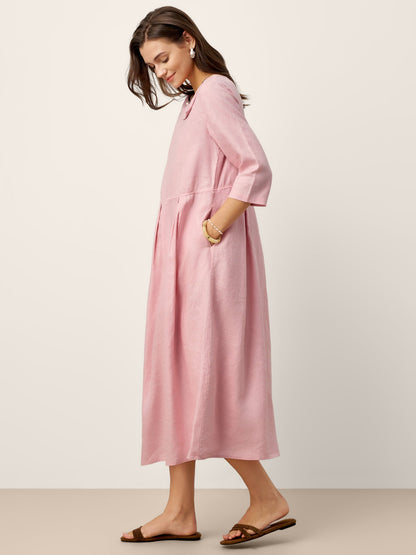 Vestido de Lino 100% Cuello Media Luna con Botones