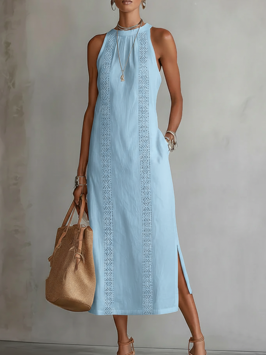 Janina - Vestido Midi De Lino Con Cuello Mao