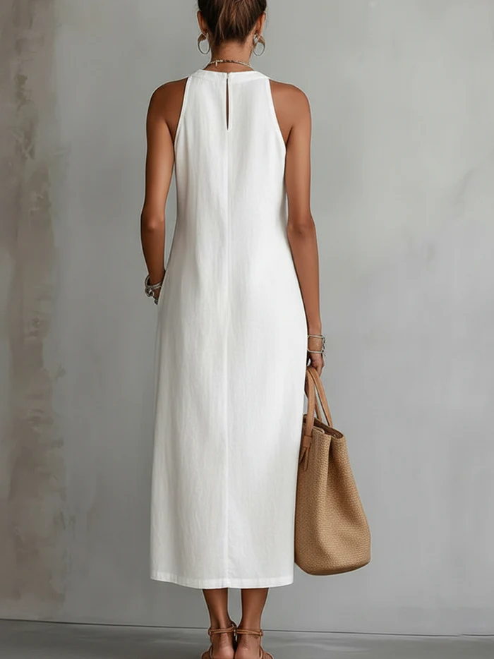 Janina - Vestido Midi De Lino Con Cuello Mao