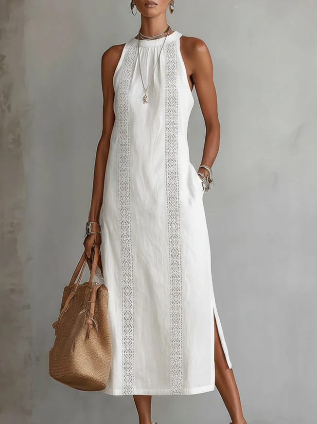 Janina - Vestido Midi De Lino Con Cuello Mao