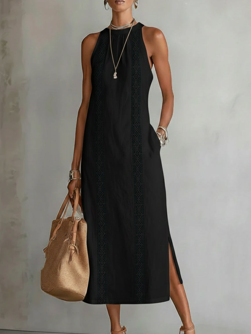 Janina - Vestido Midi De Lino Con Cuello Mao